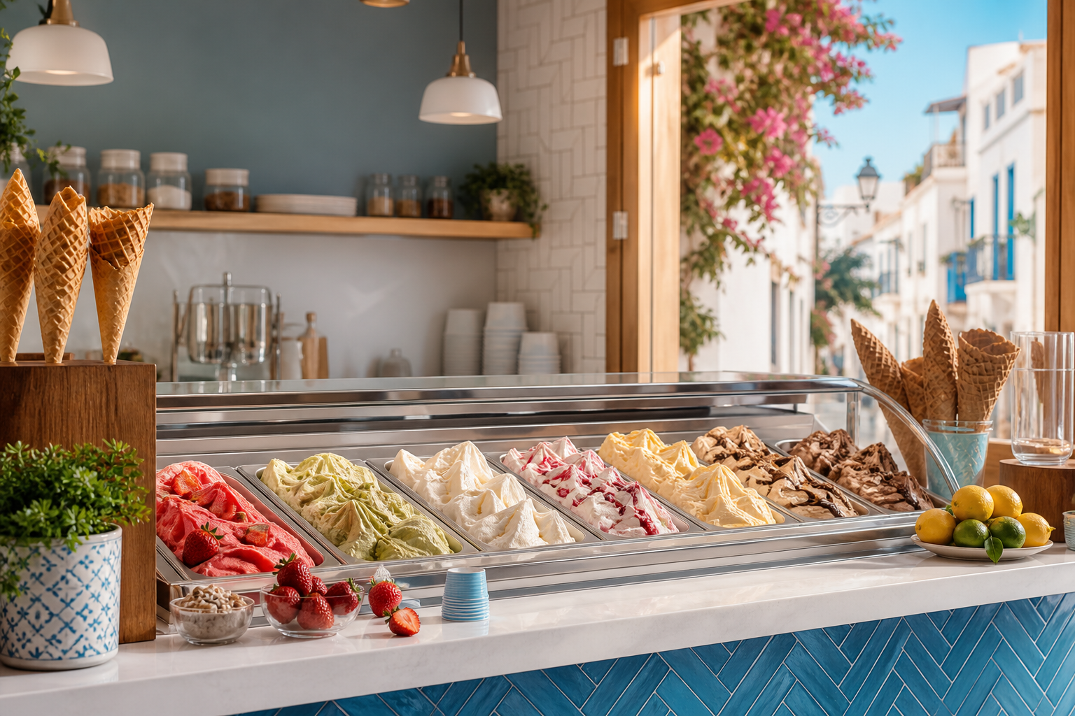 Mostrador de helados artesanales con cucuruchos, frutas y sabores de temporada