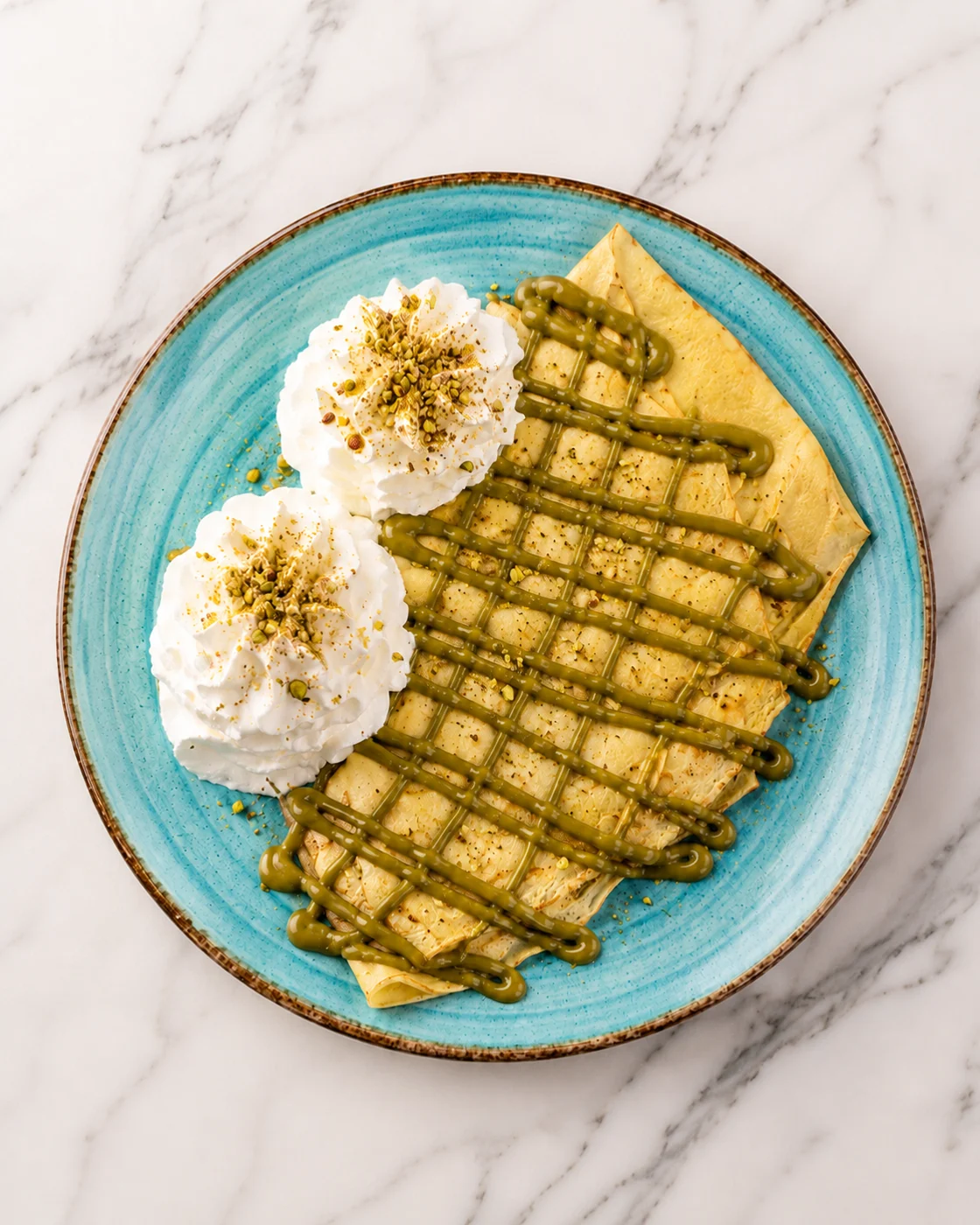 Crepe de pistacho con nata visto desde arriba