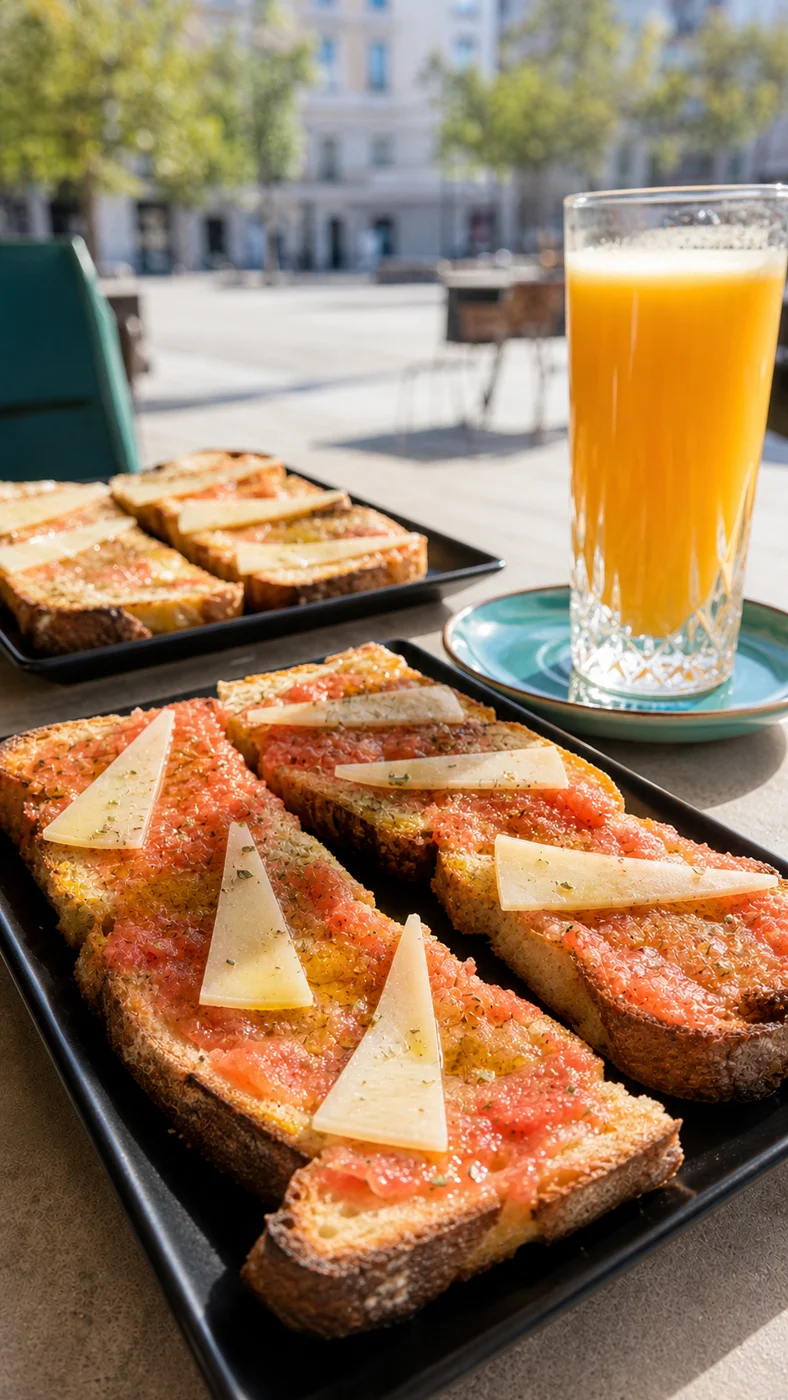Desayuno con tostadas de tomate y queso y zumo de naranja